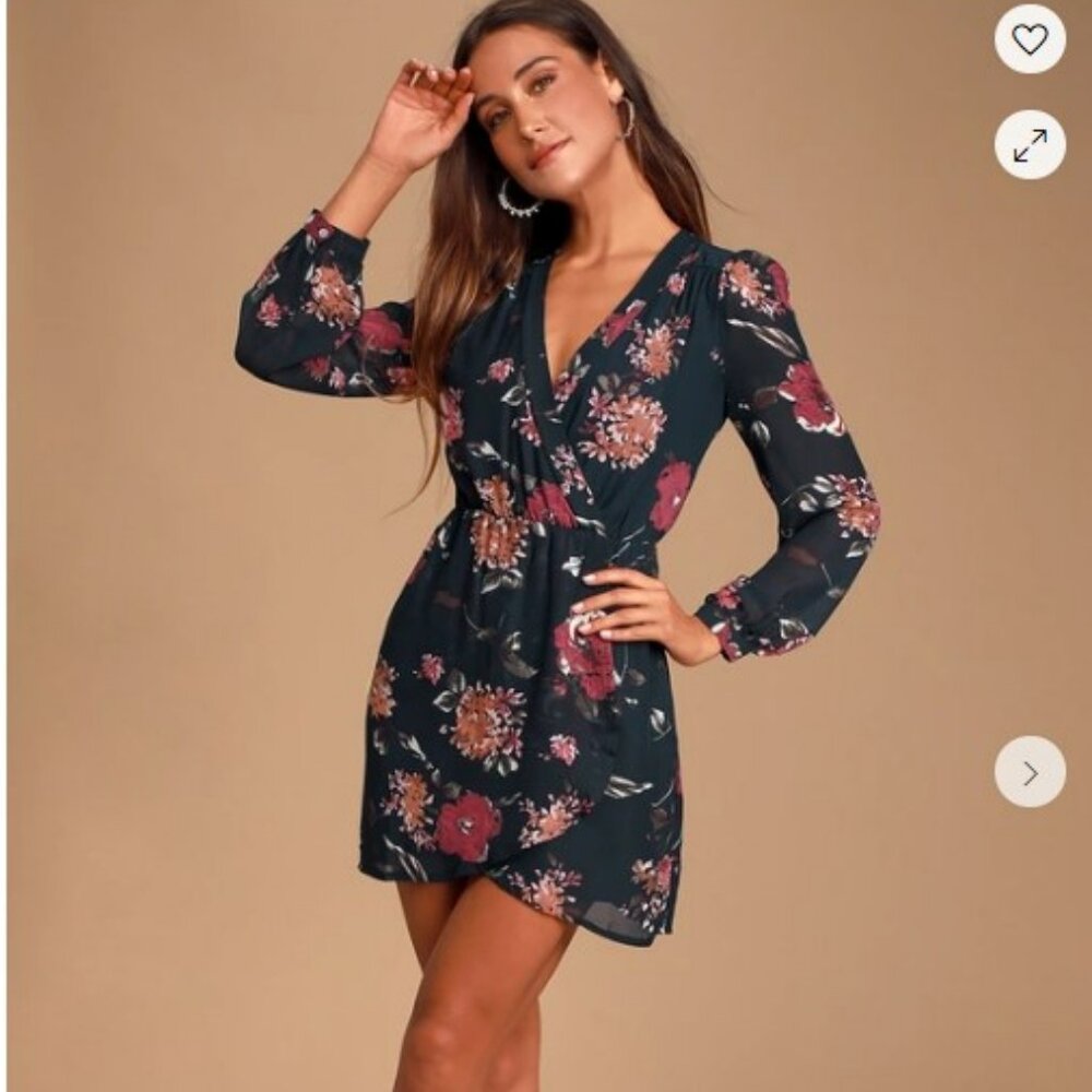 Lulu's Red and Pink Floral Wrap Dress V-Neck Long Sleeve